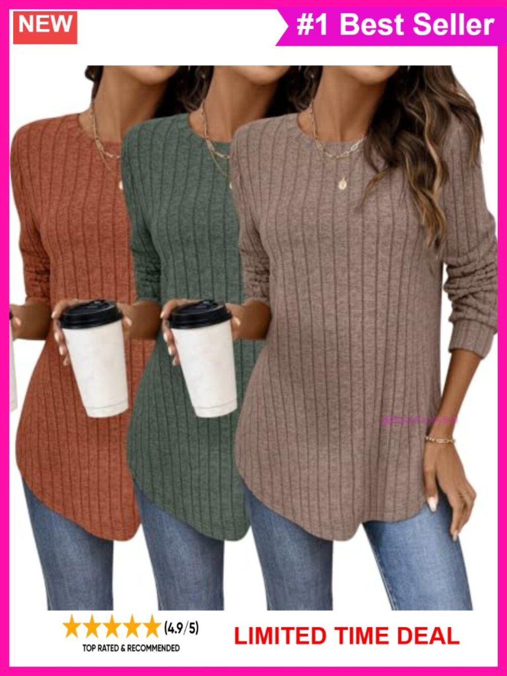 Womens 3 Pack Curved Hem Long Sleeve Tunic Tops Ribbed Knit Relaxed Fit